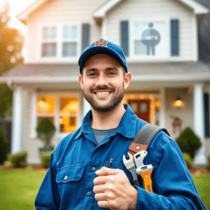 Handyman in blue uniform holding toolbox, standing before a suburban home with tools and repair icons subtly in the background.