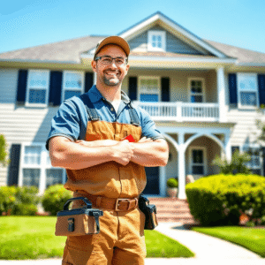 Handyman in uniform holding toolbox, standing confidently before a charming home with blue skies and greenery, symbolizing reliable home repair ser...