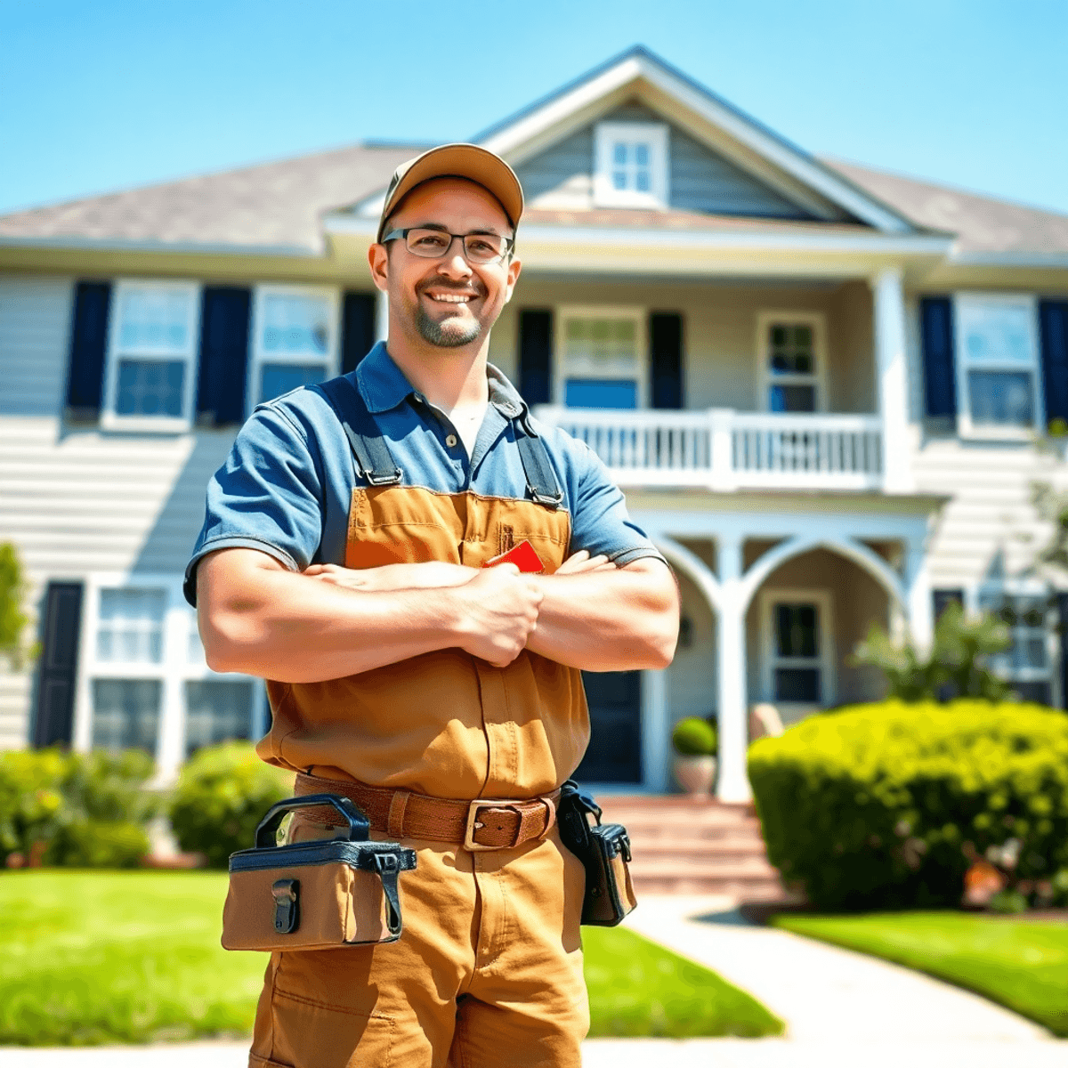 Handyman in uniform holding toolbox, standing confidently before a charming home with blue skies and greenery, symbolizing reliable home repair ser...