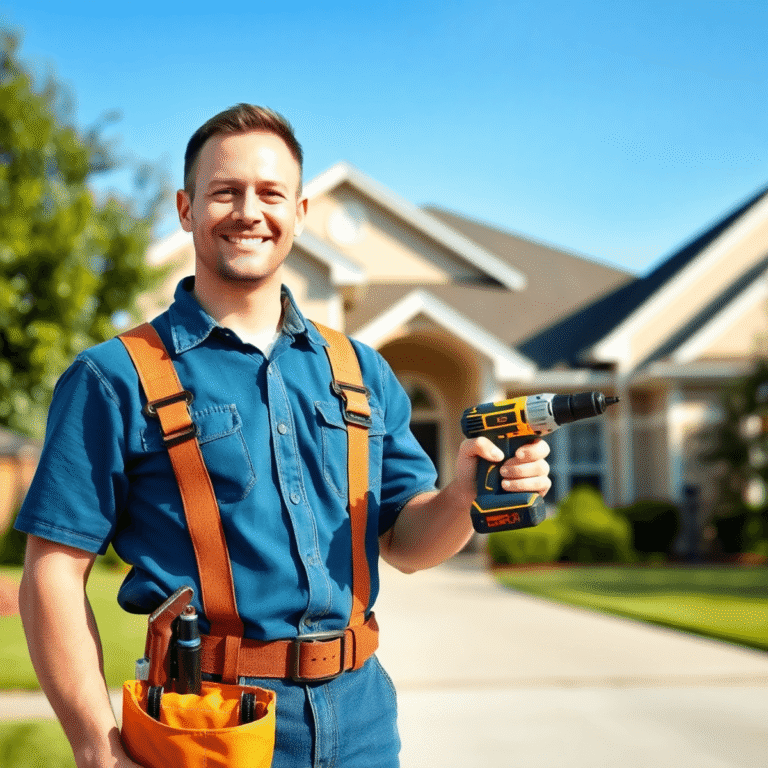Handyman with tool belt holding drill, smiling in front of a neat suburban home under clear blue skies.