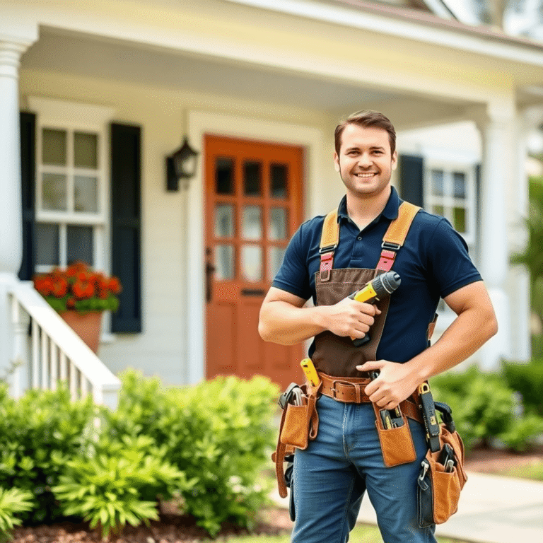 Handyman with tool belt holding electrical and carpentry tools stands confidently beside a bright, inviting Gulf Shores home exterior.