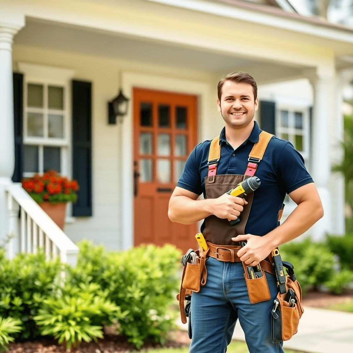 Handyman with tool belt holding electrical and carpentry tools stands confidently beside a bright, inviting Gulf Shores home exterior.