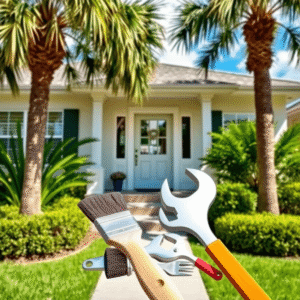 Well-maintained home exterior with handyman tools in foreground, sunny neighborhood with palm trees and clear skies in the background.