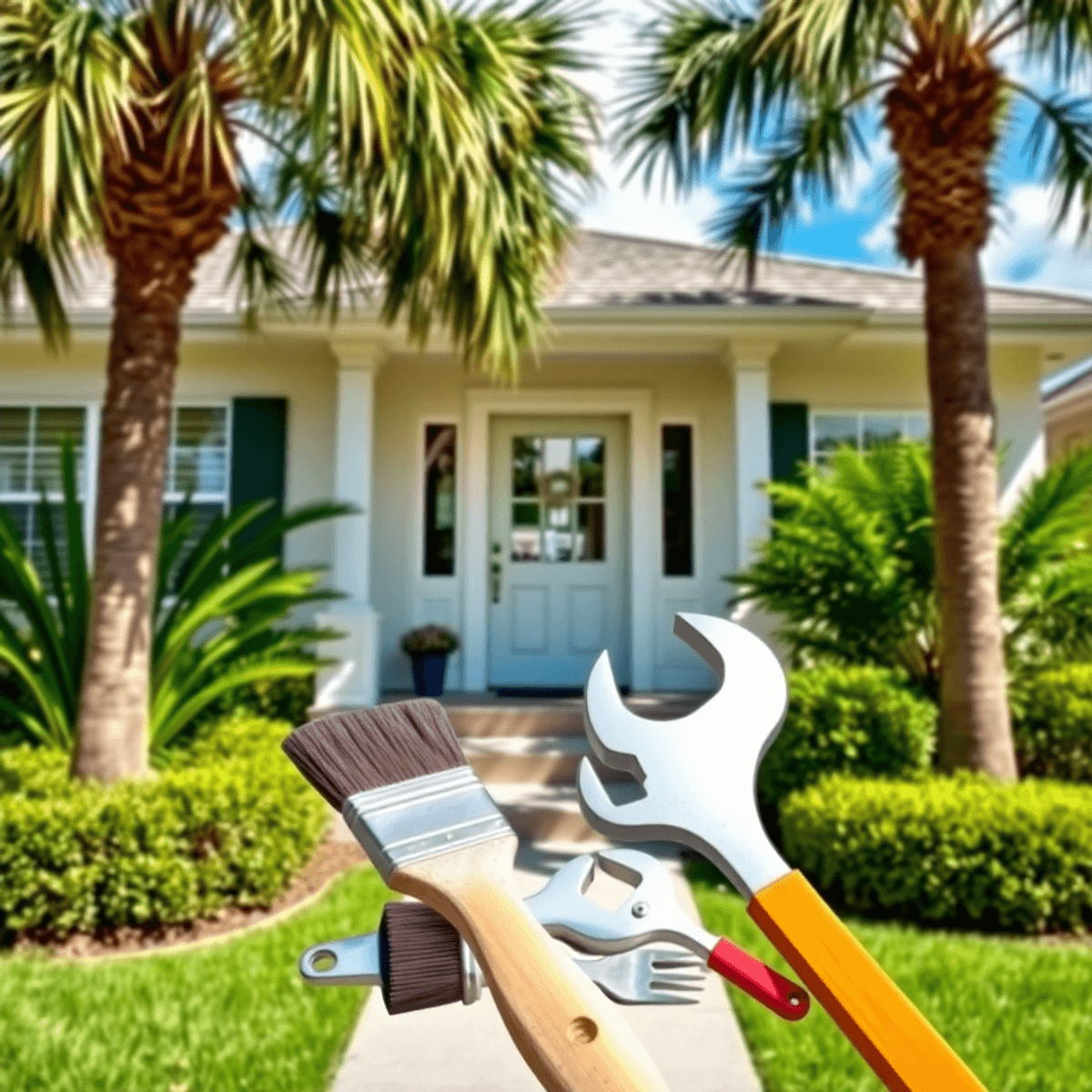 Well-maintained home exterior with handyman tools in foreground, sunny neighborhood with palm trees and clear skies in the background.