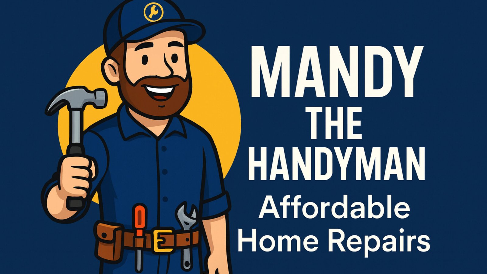 Mandy the Handyman logo illustration of a friendly handyman holding a hammer, promoting affordable home repairs in Baldwin County AL and Pensacola FL.